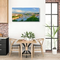 «Чехия, Прага. Панорама города с мостами и закатом» в интерьере кухни с кирпичными стенами над столом