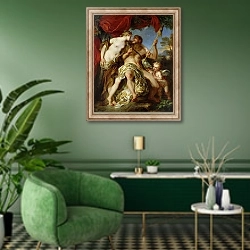 «Hercules and Omphale, 1724» в интерьере гостиной в зеленых тонах