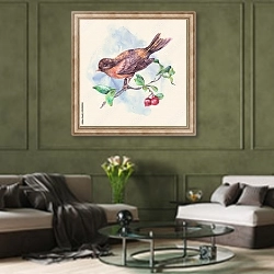 «Акварельная серая птичка на ветке с красными ягодами» в интерьере гостиной в оливковых тонах