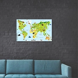 «Детская карта мира с животными» в интерьере в стиле лофт с черной кирпичной стеной