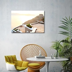 «Солнечная терраса с шезлонгами на острове » в интерьере современной гостиной с желтым креслом