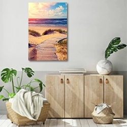 «Морской пейзаж на закате, деревянный настил к морю, Израиль» в интерьере современной комнаты над комодом