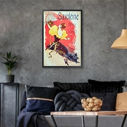 «Poster advertising 'Saxoleine', safety lamp oil» в интерьере гостиной в стиле лофт в серых тонах