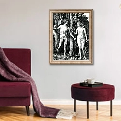 «Adam and Eve, 1504» в интерьере гостиной в бордовых тонах