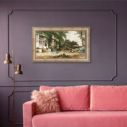 «In My Neighbours Garden, 1883» в интерьере гостиной с розовым диваном