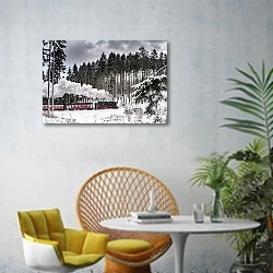 «Паровой поезд в зимнем лесу» в интерьере современной гостиной с желтым креслом