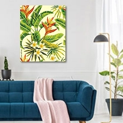 «Тропические экзотические цветы и растения» в интерьере современной гостиной над синим диваном