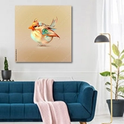 «Иллюстрация птички кардинал» в интерьере современной гостиной над синим диваном