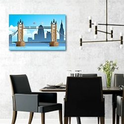 «Лондонский Тауэрский мост» в интерьере современной столовой с черными креслами