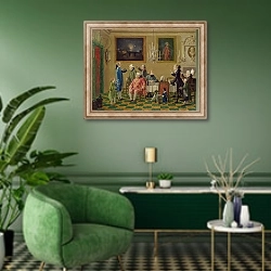«British gentlemen at Sir Horace Mann's home in Florence, c.1763-65» в интерьере гостиной в зеленых тонах