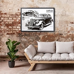 «Автомобили в искусстве 15» в интерьере гостиной в стиле лофт над диваном