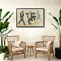 «Henri Letellier, Paul Lillaz et Yola dansent» в интерьере комнаты в стиле ретро с плетеными креслами