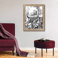 «The School lesson, 1510» в интерьере гостиной в бордовых тонах