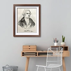 «Ludwig van Beethoven old engraved portrait and autograph. Published on Magasin Pittoresque, Paris, 1» в интерьере кабинета с деревянным столом