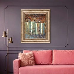 «Зима (III)» в интерьере гостиной с розовым диваном