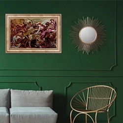 «Похищение Гипподамии» в интерьере классической гостиной с зеленой стеной над диваном