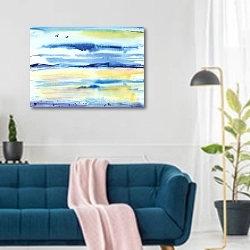 «Рассвет и чайки над морем» в интерьере современной гостиной над синим диваном
