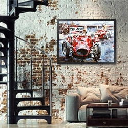 «Автомобили в искусстве 5» в интерьере двухярусной гостиной в стиле лофт с кирпичной стеной