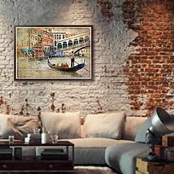 «Италия. Улицы Италии #15, Венеция. Винтаж» в интерьере гостиной в стиле лофт с кирпичной стеной