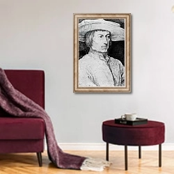 «Portrait of an unknown man, 1525» в интерьере гостиной в бордовых тонах