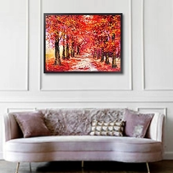 «Красочные осенние деревья 1» в интерьере спальни с акцентной стеной