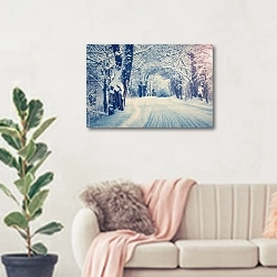 «Снежная аллея утром в сельской местности» в интерьере современной светлой гостиной над диваном