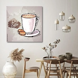 «Иллюстрация с высокой кружкой кофе» в интерьере кухни в стиле ретро над обеденным столом