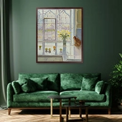 «Rain Watching» в интерьере зеленой гостиной над диваном