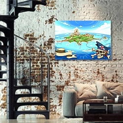 «Пиратская карта сокровищ» в интерьере двухярусной гостиной в стиле лофт с кирпичной стеной