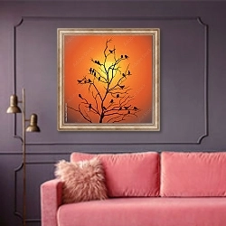 «Дерево с птицами на фоне заката» в интерьере гостиной с розовым диваном