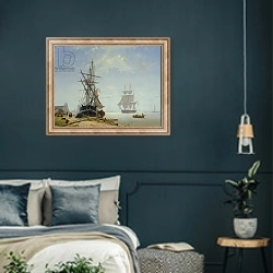 «Ships in a Dutch Estuary, 19th century» в интерьере классической спальни с темными стенами