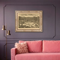 «Вид на часть парка с фонтанами» в интерьере гостиной с розовым диваном