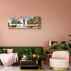 «Джеймс Бонд Айленд, Таиланд» в интерьере современной гостиной с розовой стеной