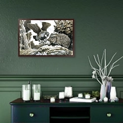 «Unidentified bird attacking a hedgehog» в интерьере прихожей в зеленых тонах над комодом