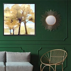«Trees» в интерьере классической гостиной с зеленой стеной над диваном
