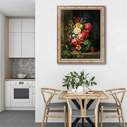 «A Large Bouquet of Flowers with Roses, Nasturtium and Butterflies» в интерьере кухни в светлых тонах над обеденным столом