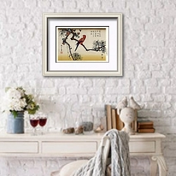 «Иллюстрация в стиле Укиё-э, Ара на ветке сосны» в интерьере в стиле прованс над столиком