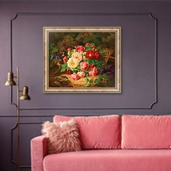 «A Forest Floor with a Still Life of Roses and Butterflies» в интерьере гостиной с розовым диваном