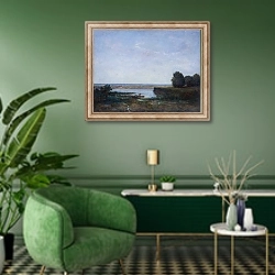 «Вид на реку 5» в интерьере гостиной в зеленых тонах
