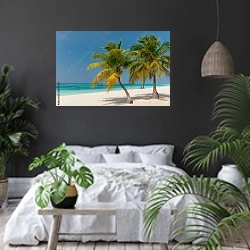 «Тропический пляжный рай №2» в интерьере современной спальни с черными стенами