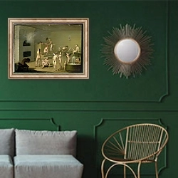 «Russian Bath, 1825» в интерьере классической гостиной с зеленой стеной над диваном