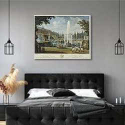 «Вид Большого Каскада фонтана Самсона и Большого дворца в Петергофе» в интерьере современной спальни с черной кроватью