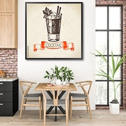 «Иллюстрация с мохито» в интерьере кухни с кирпичными стенами над столом