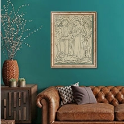 «The Holy Family, c.1874» в интерьере гостиной с зеленой стеной над диваном