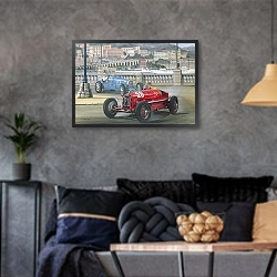 «Duel on the Harbour Front, Monaco Grand Prix in 1933» в интерьере гостиной в стиле лофт в серых тонах