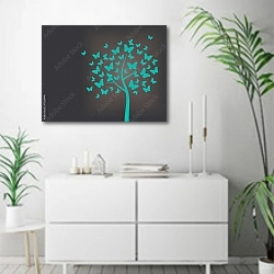 «Дерево из бабочек» в интерьере светлой минималистичной гостиной над комодом