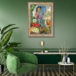 «The Fruit Seller, 1937» в интерьере гостиной в зеленых тонах