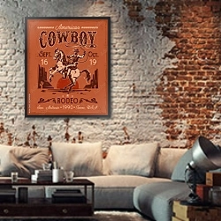 «Родео плакат с ковбоем» в интерьере гостиной в стиле лофт с кирпичной стеной