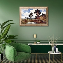 «Ветренное утро» в интерьере гостиной в зеленых тонах