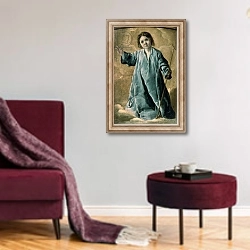 «The Infant Christ» в интерьере гостиной в бордовых тонах